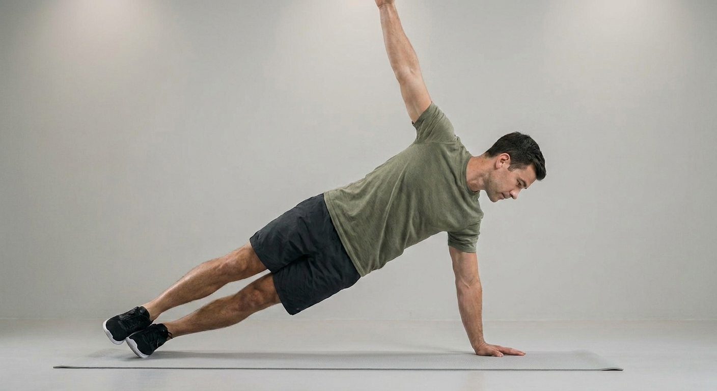 Atleta che esegue una flessione a T, ruotato in plank laterale con il braccio superiore disteso verso l'alto